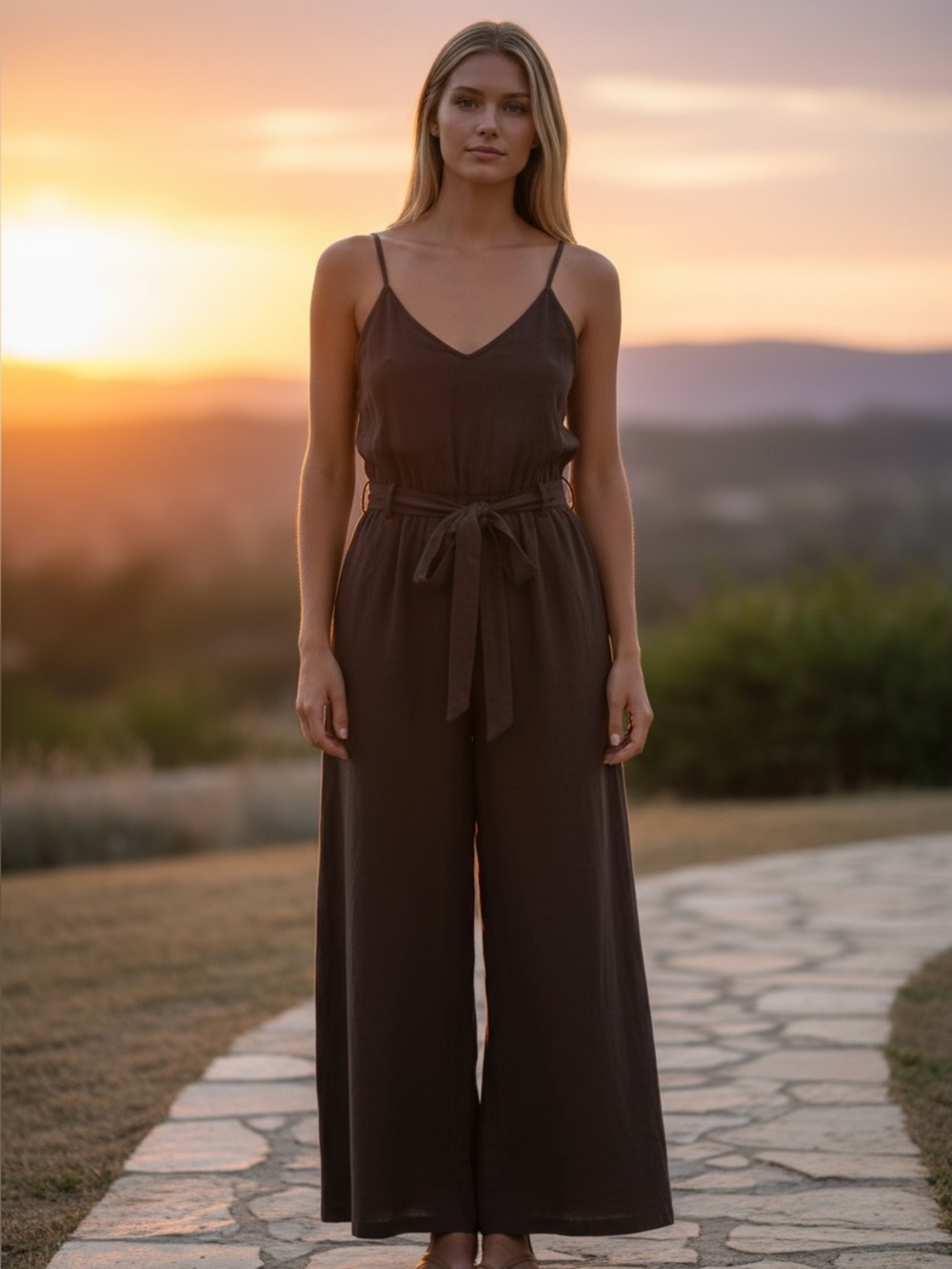 Forever 21 Chocolate Brown Sleeveless V-Neck Wide-Leg Jumpsuit with Tie Waist